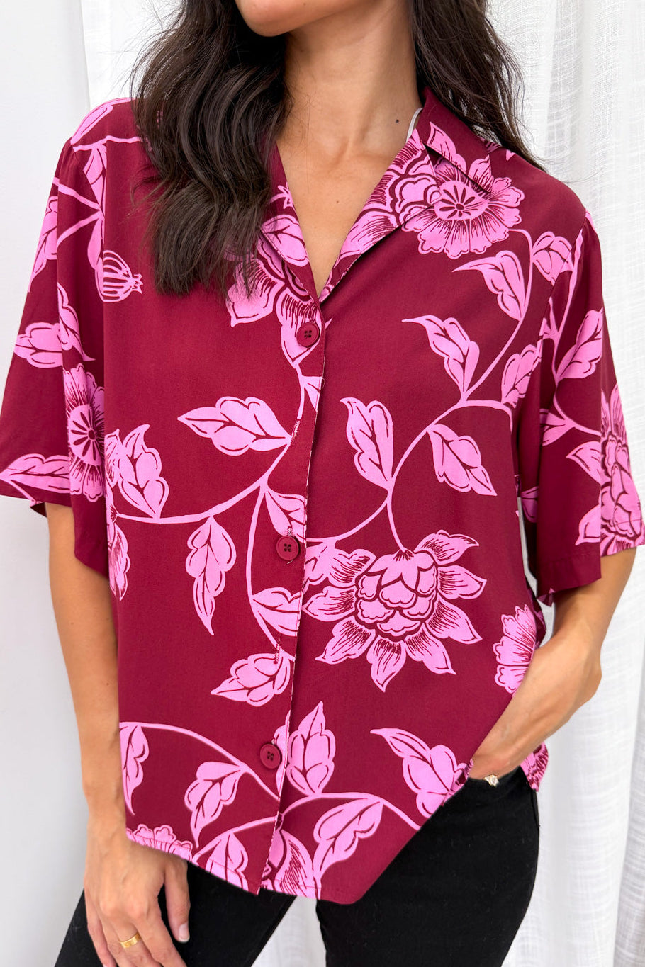 Addison Shirt - Pink Multi Leaf