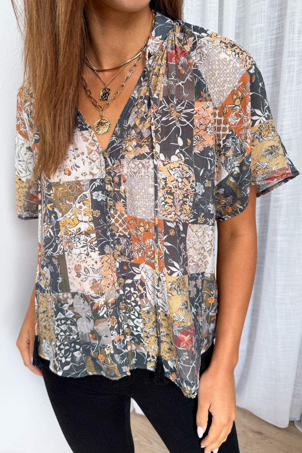 Angela Blouse - Black Multi Patchwork - Image 2