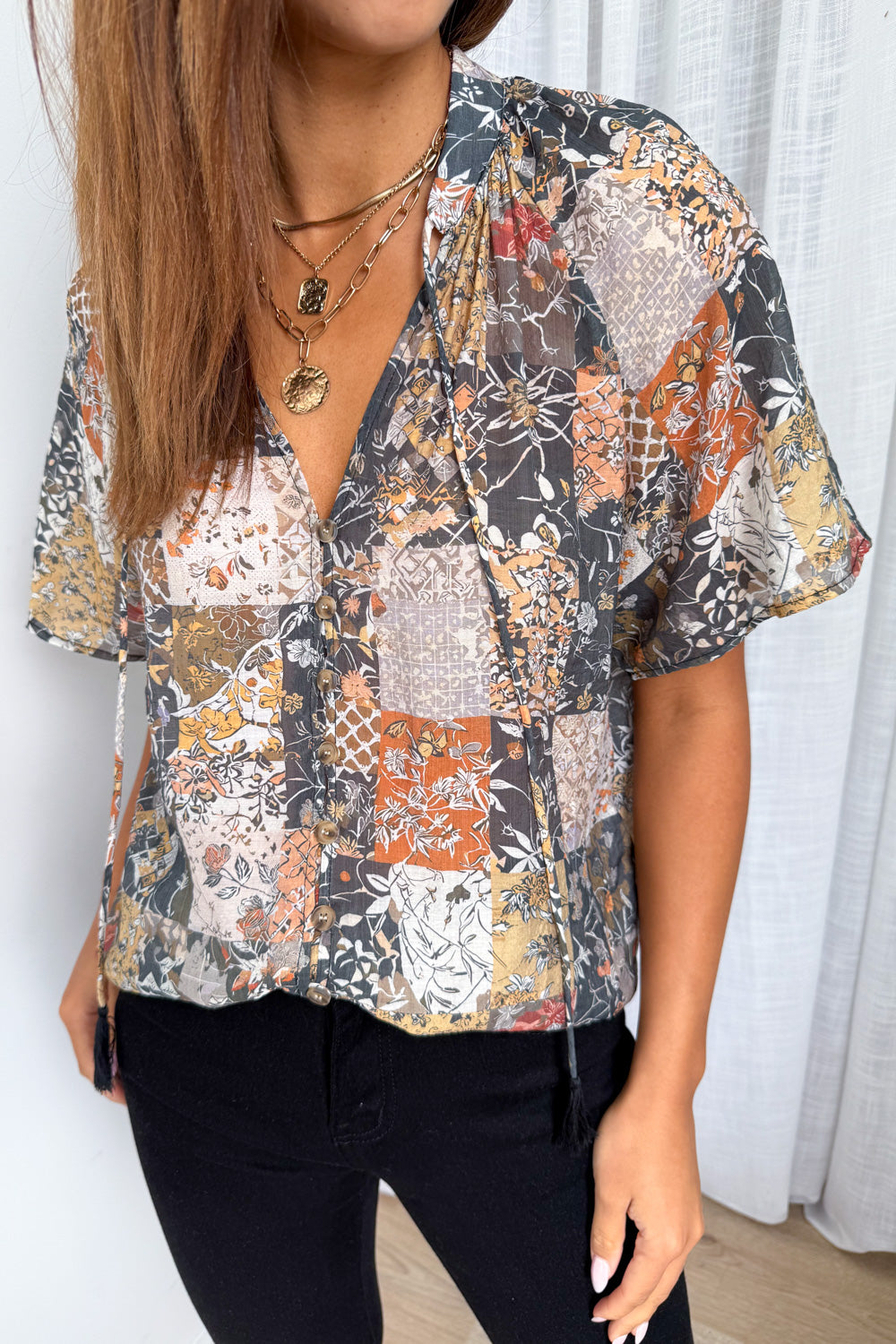 Angela Blouse - Black Multi Patchwork - Image 3