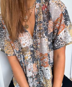 Angela Blouse - Black Multi Patchwork