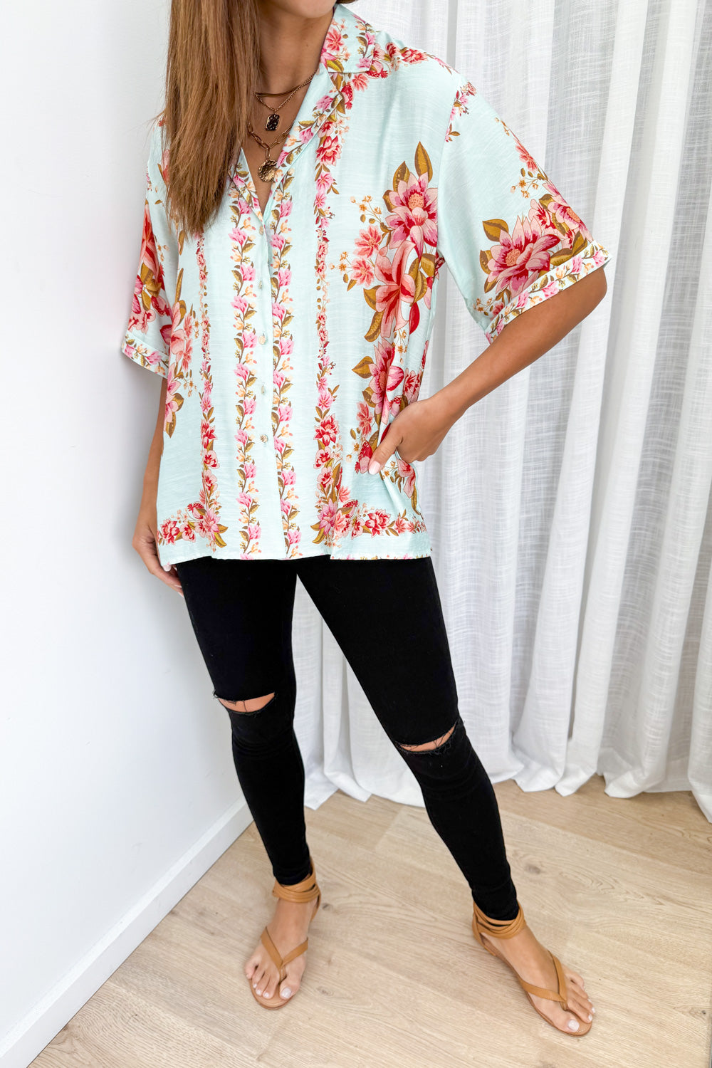 Marbella Tile Shirt - Blue Blush Floral - Image 3